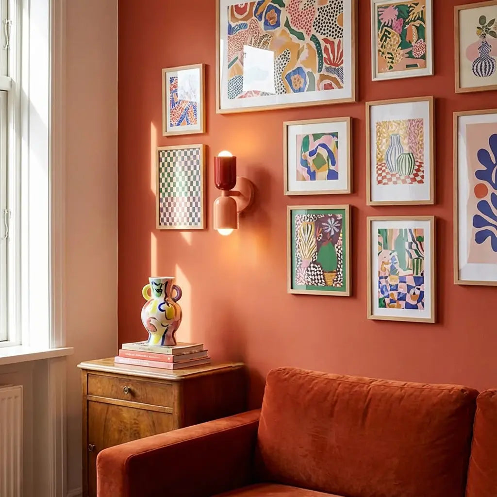 Wandlamp in rood en perzik tussen kleurrijke ingelijste kunstwerken op een terracotta muur, boven een oranje fluwelen bank. 5