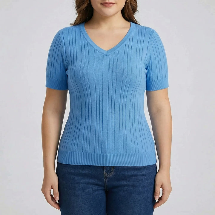 Ribbed Knit V-Neck Pullover Top - Silvia