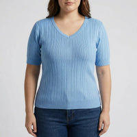 Ribbed Knit V-Neck Pullover Top - Silvia