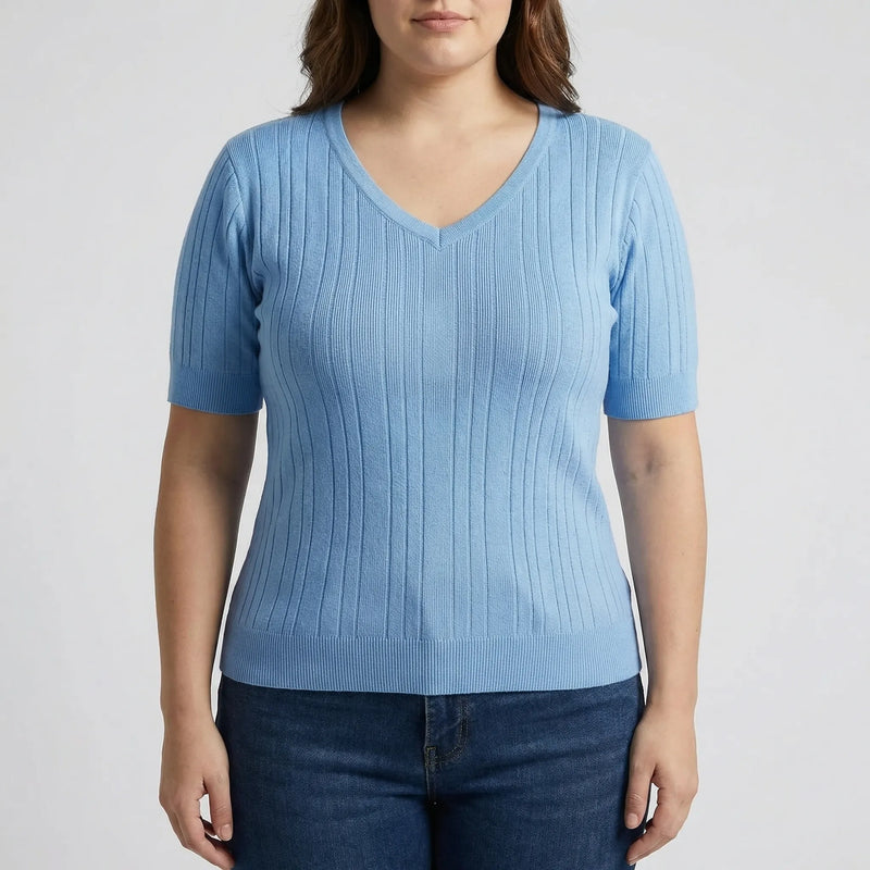 Ribbed Knit V-Neck Pullover Top - Silvia