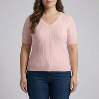 Ribbed Knit V-Neck Pullover Top - Silvia