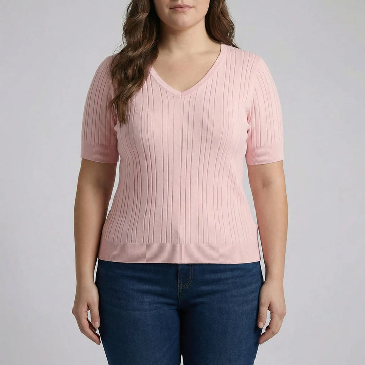 Ribbed Knit V-Neck Pullover Top - Silvia