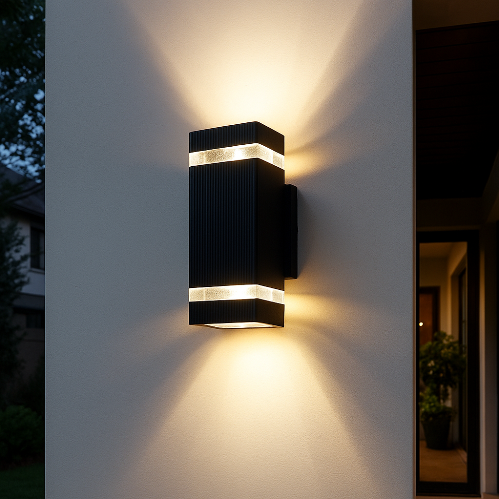 Zwarte rechthoekige wandlamp met geribbelde behuizing en twee lichtbanden, brandend op een lichte buitenmuur in de avond 1