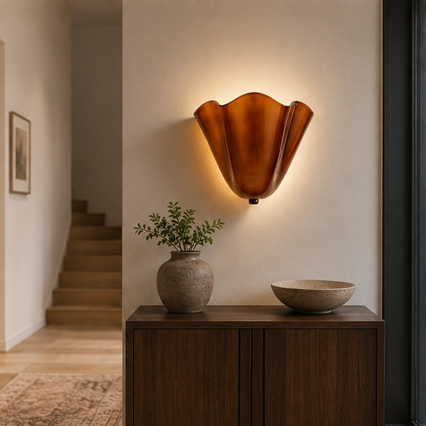 Verlichte bruine wandlamp met golvende rand boven een houten dressoir met vaas en schaal in een hal bij de trap. 7