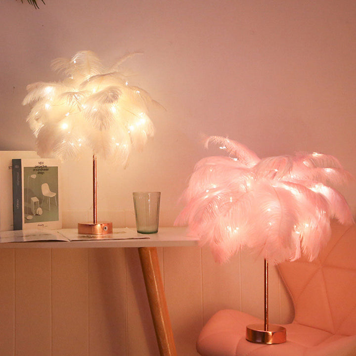 Ostrich Night Lamp | Eccentric Lamp with Feathers & Rose Gold Base