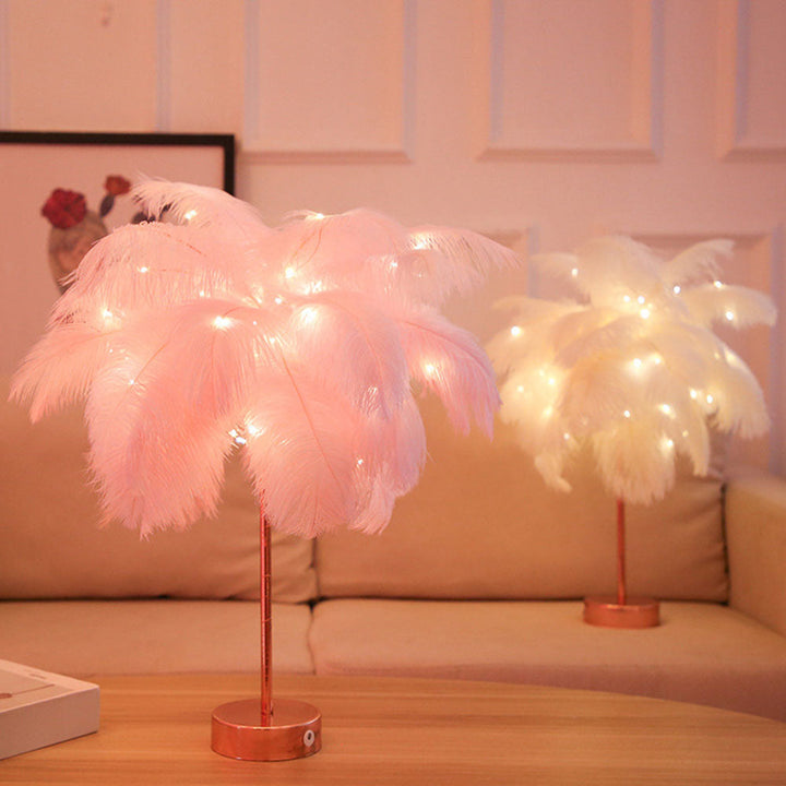 Ostrich Night Lamp | Eccentric Lamp with Feathers & Rose Gold Base