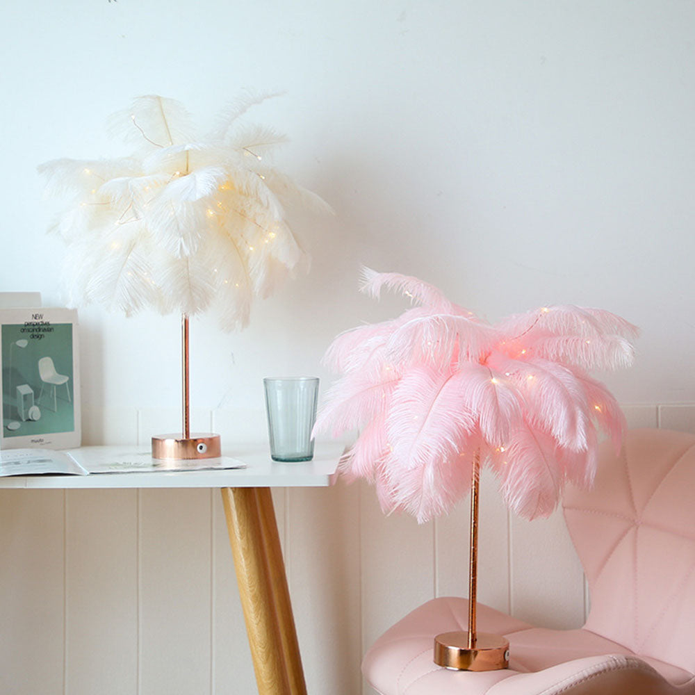 Ostrich Night Lamp | Eccentric Lamp with Feathers & Rose Gold Base