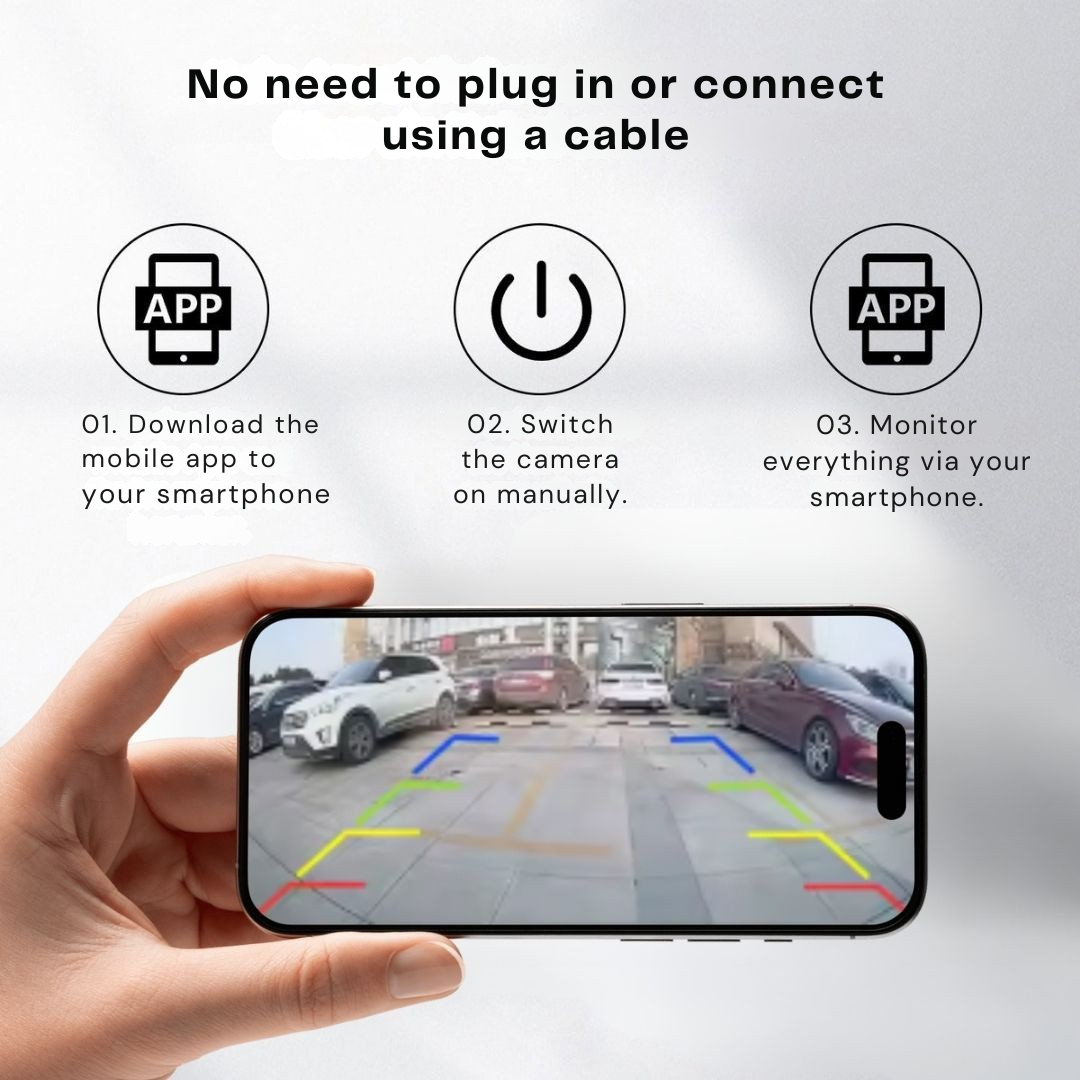 Hand houdt een smartphone met het beeld van een parkeerplaats en gekleurde hulplijnen, boven een stappenplan voor draadloos verbinden via de app. 3