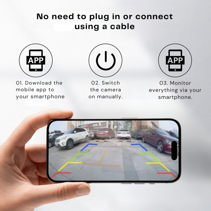 Hand houdt een smartphone met het beeld van een parkeerplaats en gekleurde hulplijnen, boven een stappenplan voor draadloos verbinden via de app. 3