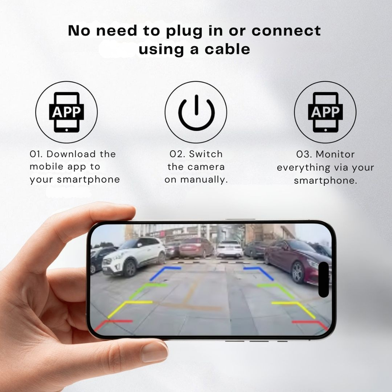 Hand houdt een smartphone met het beeld van een parkeerplaats en gekleurde hulplijnen, boven een stappenplan voor draadloos verbinden via de app. 3