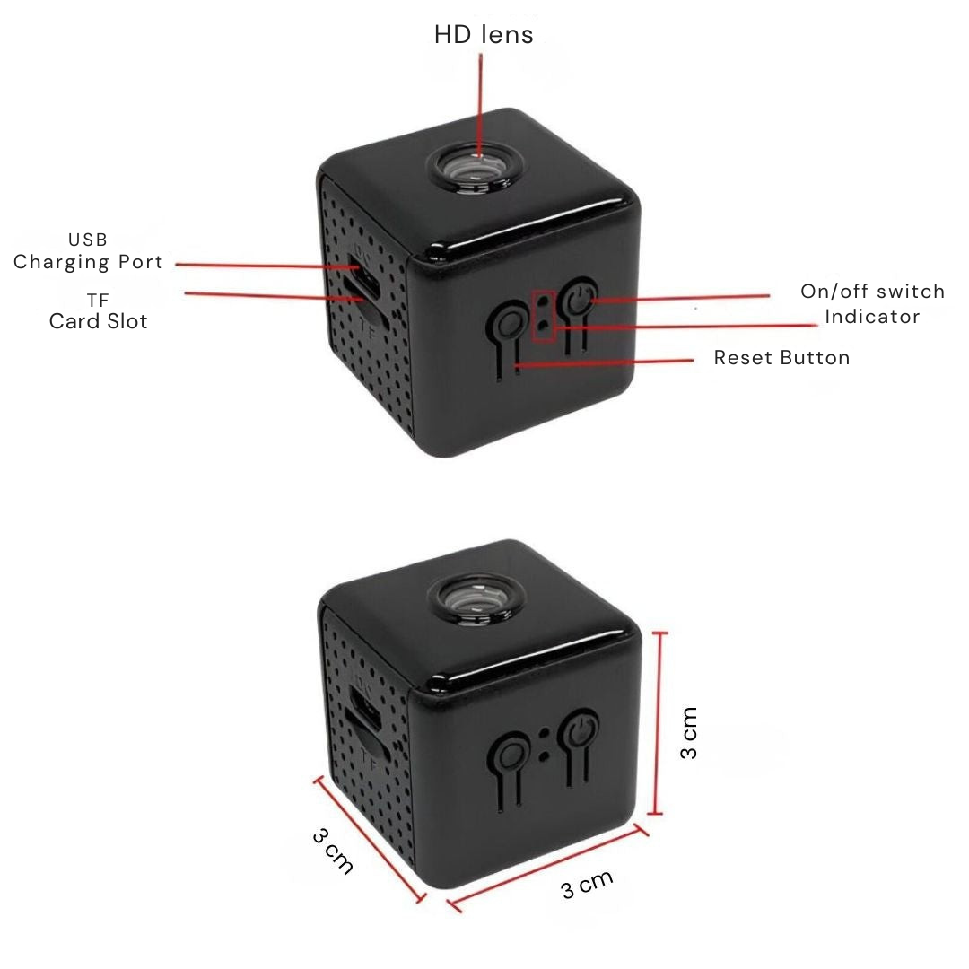 Twee weergaven van de kleine zwarte camera met aanduiding van lens, oplaadpoort, kaartsleuf en knoppen, plus de afmetingen van drie centimeter. 8