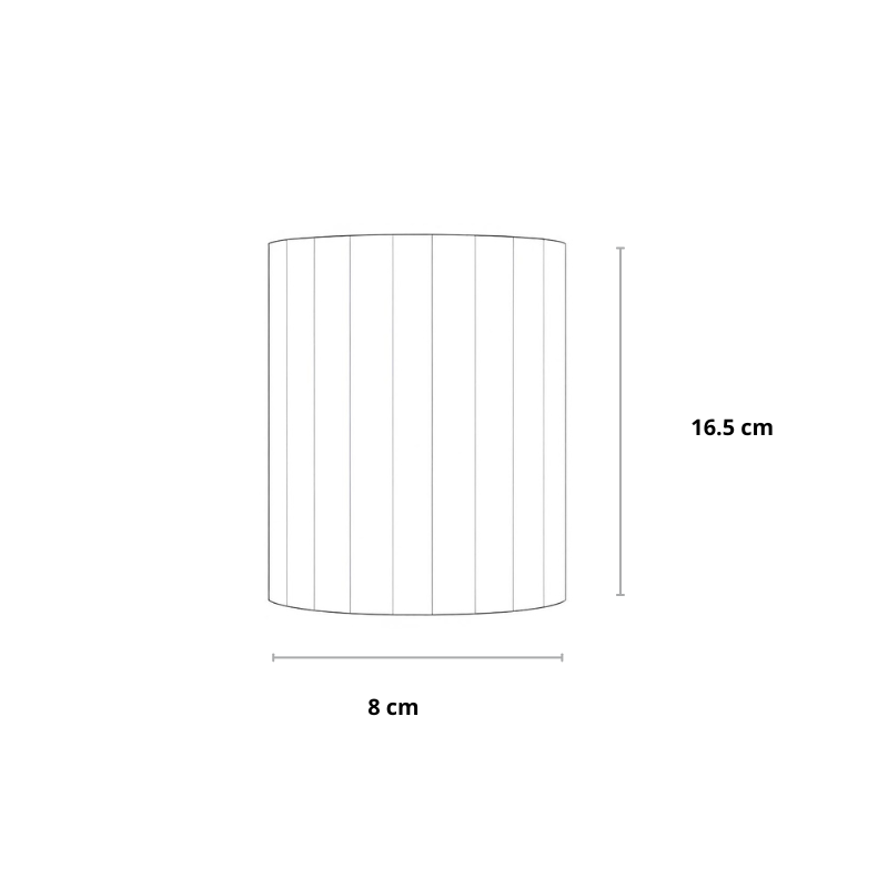 Technische tekening van de geribbelde wandlamp met afmetingen, hoogte 16,5 cm en breedte 8 cm 15