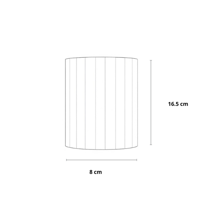 Technische tekening van de geribbelde wandlamp met afmetingen, hoogte 16,5 cm en breedte 8 cm 15