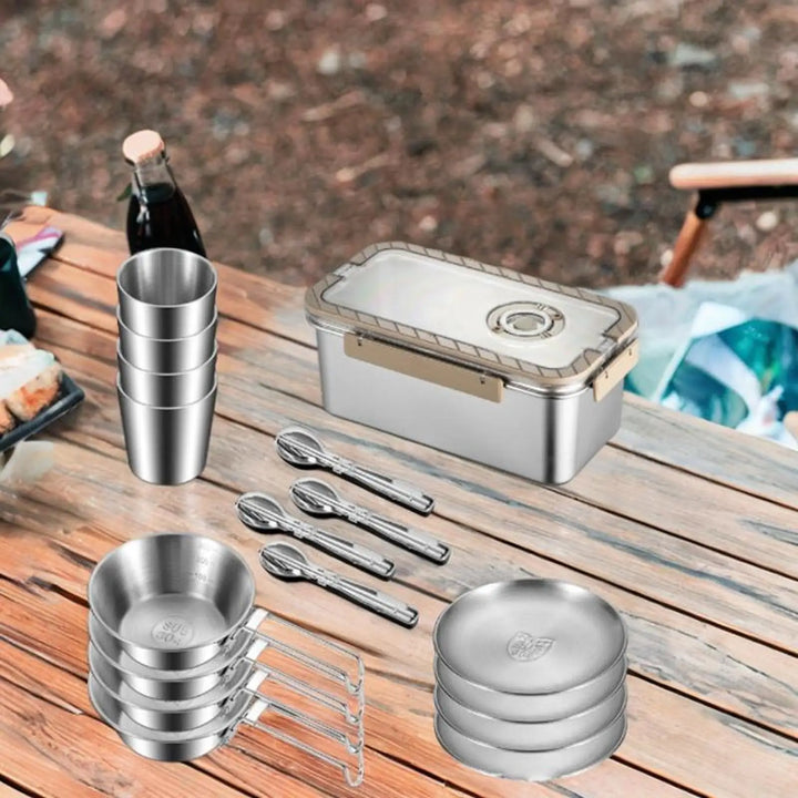 Camping-Geschirrset mit Edelstahlbesteck und Aufbewahrungsbox – CampSet