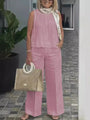 Zweiteiliges Damen-Leinen-Sommer-Set mit Ärmelloser Bluse – Maelis