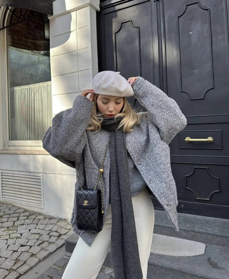 Oversized Wool Coat with Round Neck and Buttons - Selena