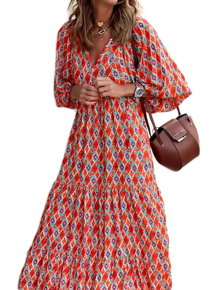 Printed Maxi Dress with Waistband – Aurelia