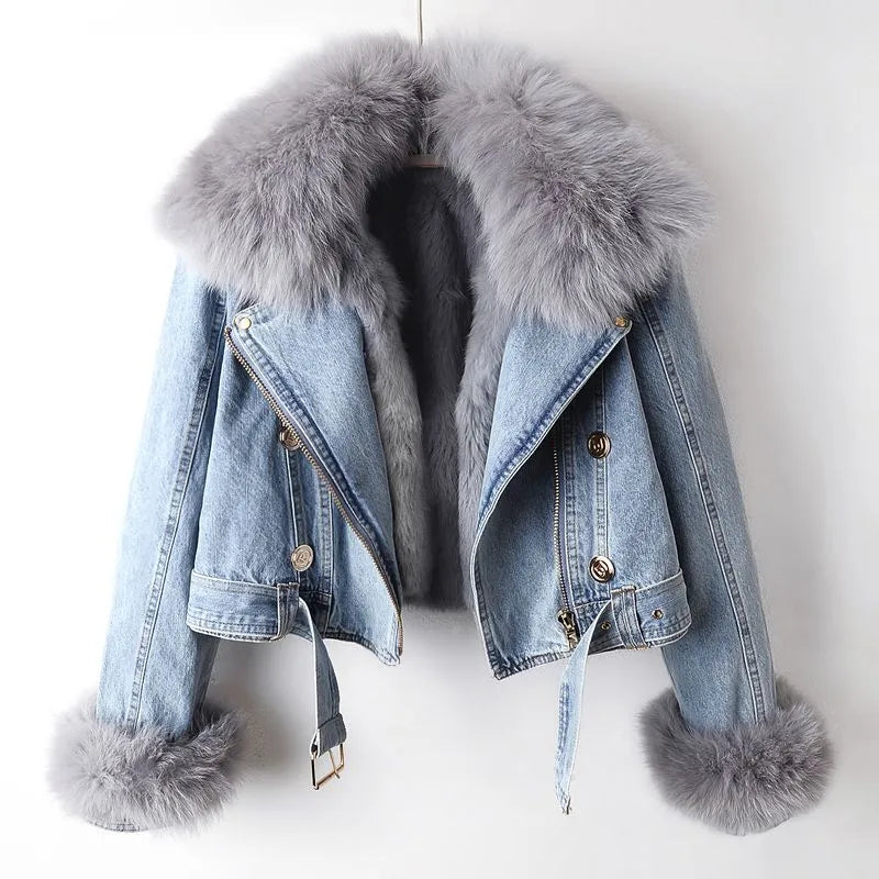 Denim- und Kunstfell Eleganz Jacke - Stella