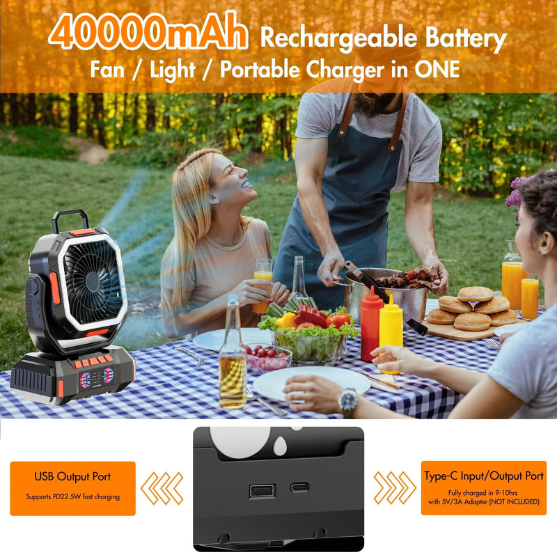Wiederaufladbarer Campingventilator mit 40000mAh Akku & LED-Laterne – F22