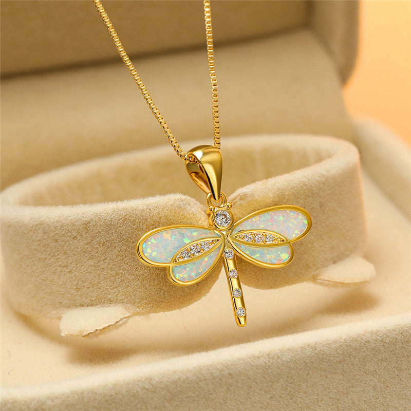 Goldene Libellen-Halskette mit Opal - Isolde