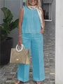 Zweiteiliges Damen-Leinen-Sommer-Set mit Ärmelloser Bluse – Maelis