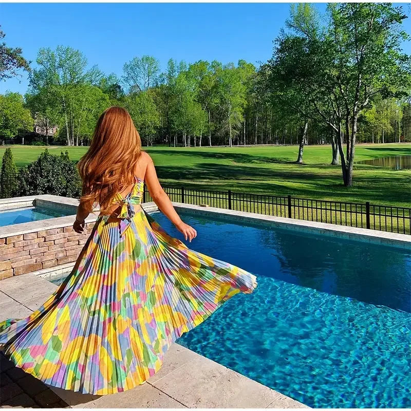 Printed Summer Dress with Deep Neckline and Bow Detail – Vivienne