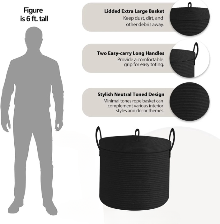 Large Black Cotton Rope Storage Basket with Lid – Selwyn 