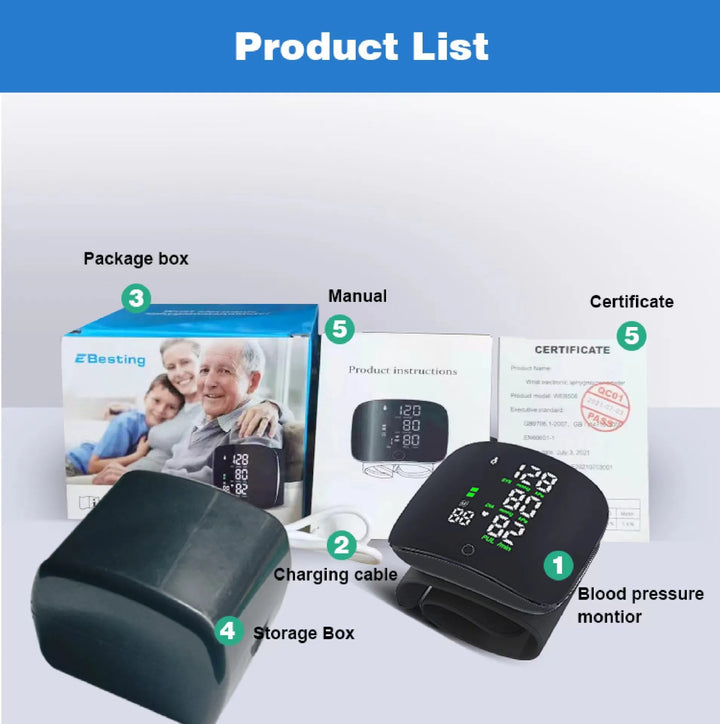 Digitales Handgelenk-Blutdruckmessgerät mit LCD-Display – PulseTrack
