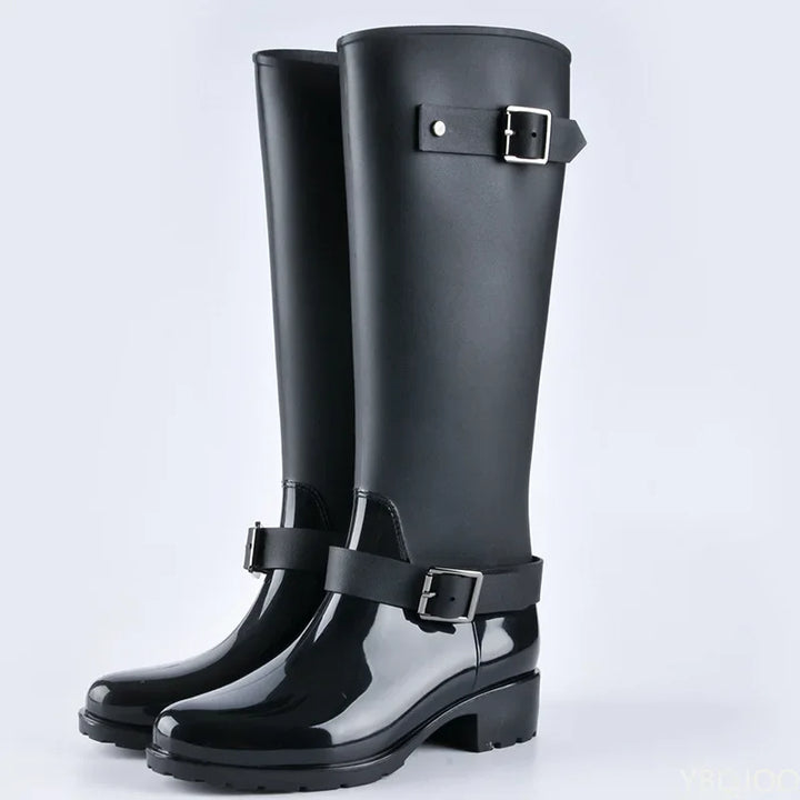 Hoge dames regenlaarzen waterdicht met gespen & blokhak – Elenya