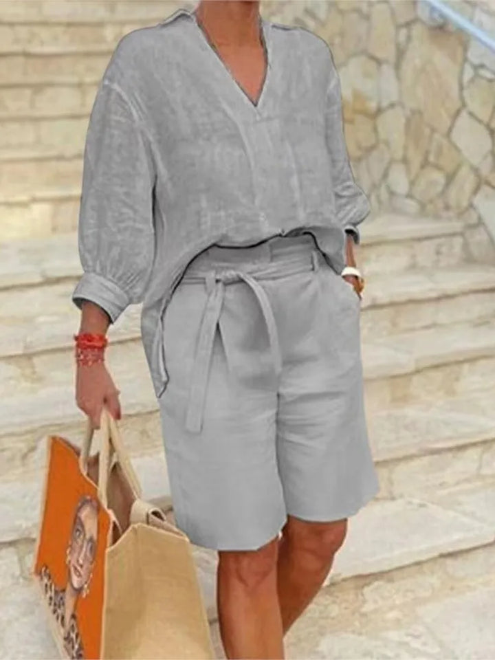 Luftiges & Stilvolles Zweiteiliges Leinen-Damen-Set mit Bluse & Shorts – Malea
