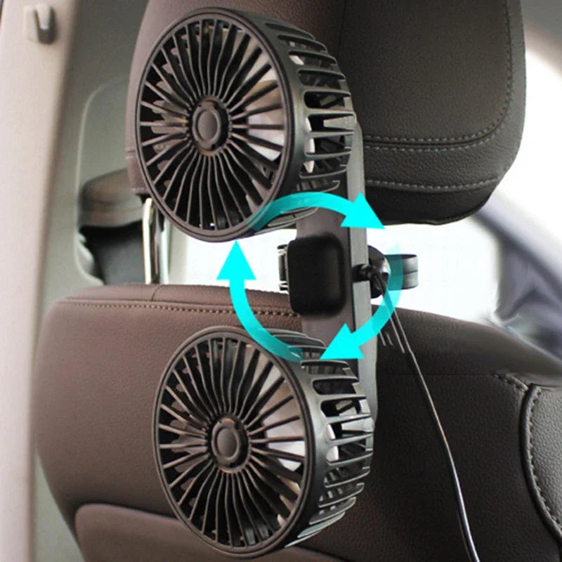 Tragbarer USB-Doppelkopf-Autoventilator 360° Drehbar mit 3 Geschwindigkeiten – CoolBreeze