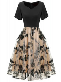 Stylish midi dress made of mesh with embroidery and flounce sleeves – Maila