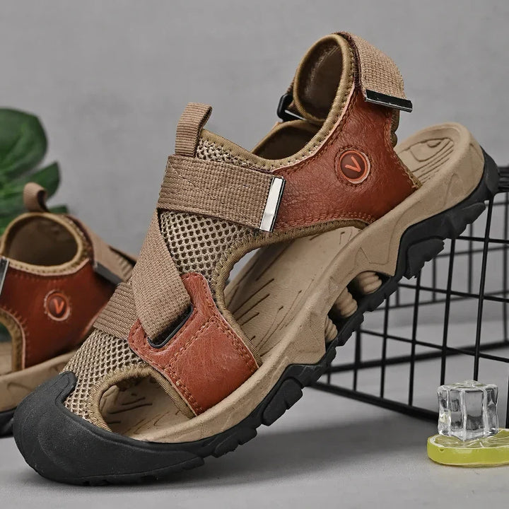 Khakifarbene Herren-Ledersandalen im Römischen Stil - Cassian
