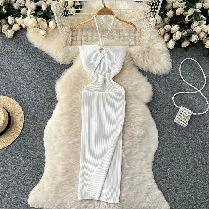 Trendy Rugloze Gebreide Maxi Jurk met Zijsplit– Liora