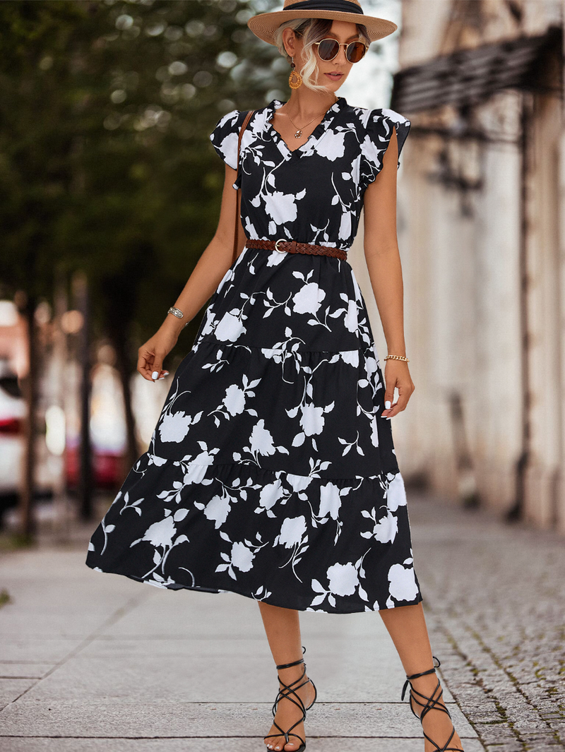 A-Linien Sommerkleid mit Puffärmeln und Farbakzent – Thalia