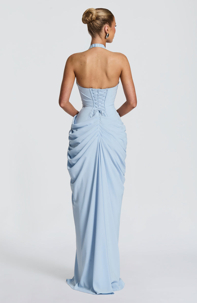 Linde Halter Maxi Dress with Corset Bodice and Chiffon Skirt 10