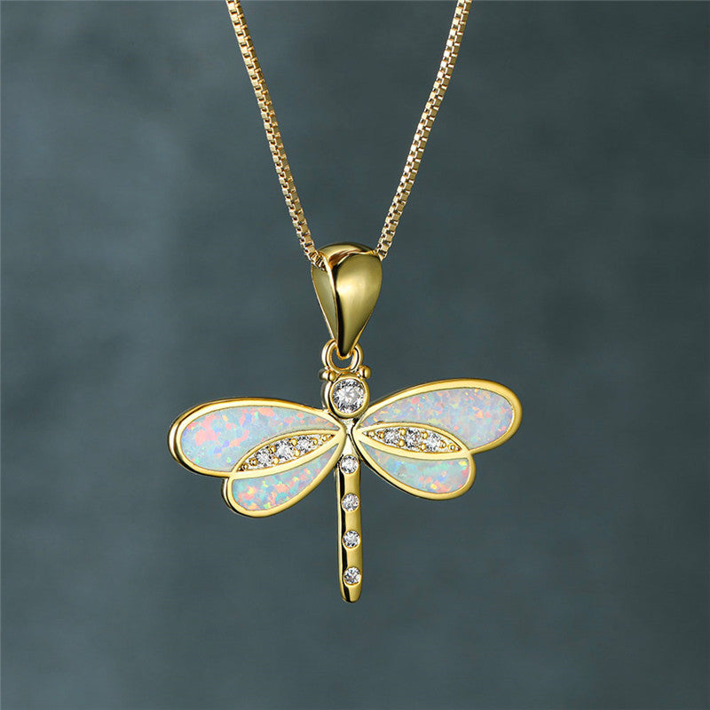 Goldene Libellen-Halskette mit Opal - Isolde