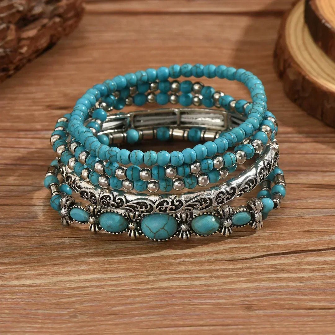 Turquoise Beaded Bracelet Set of 5 with Silver-Tone Details 3