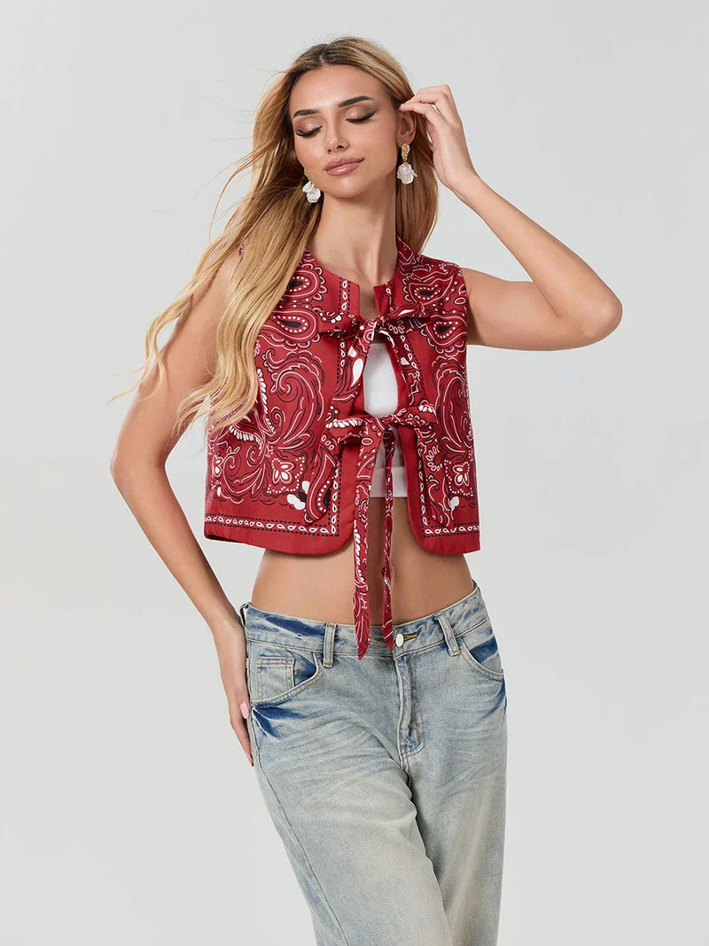 Y2K Red Bandana Wrap Cropped Top - Liora