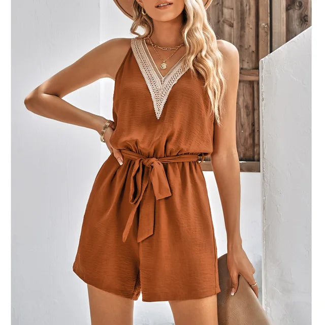 Kanten Zomerjumpsuit met V-Hals en Shorts – Sorelle