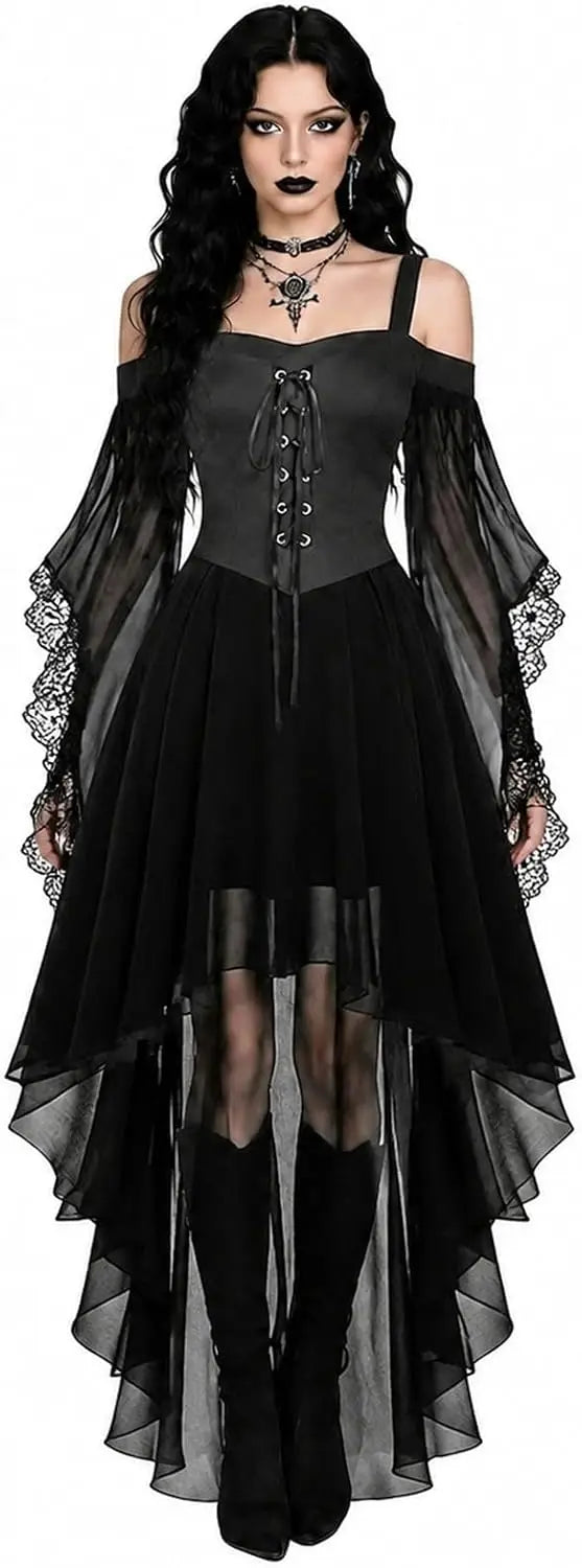 Model draagt de volledig zwarte jurk met veterlijfje, kanten mouwen en hoog-laag chiffon rok 8