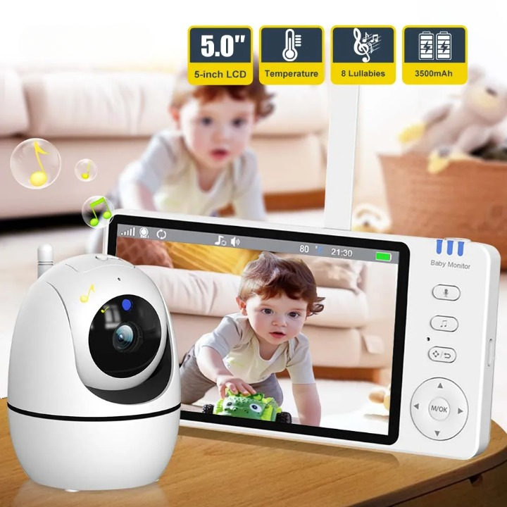 5-Inch HD Video Baby Monitor met Camera, PTZ Zoom en Nachtzicht