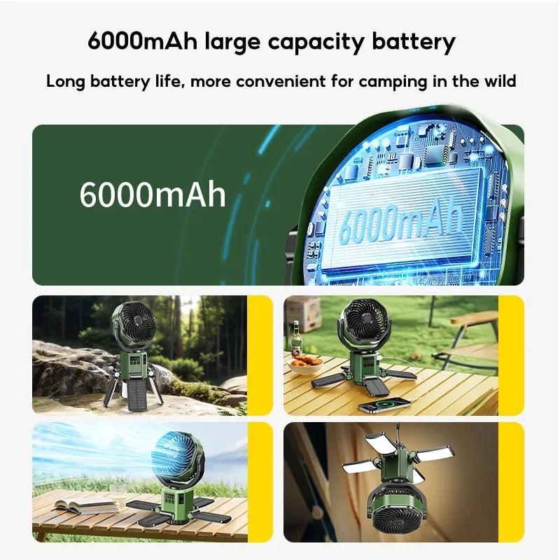 Zonnedraagbare Campingventilator met 6000mAh Batterij, LED-Licht & 4-Snelheden Koeling – SunBreeze