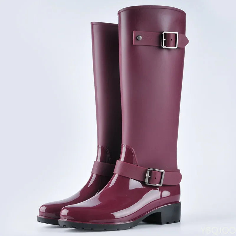 Hoge dames regenlaarzen waterdicht met gespen & blokhak – Elenya