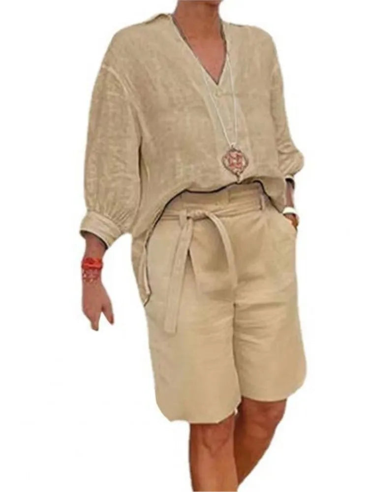 Luftiges & Stilvolles Zweiteiliges Leinen-Damen-Set mit Bluse & Shorts – Malea
