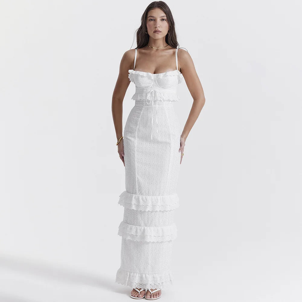 Stijlvolle Witte Geborduurde Maxi Jurk – Alina