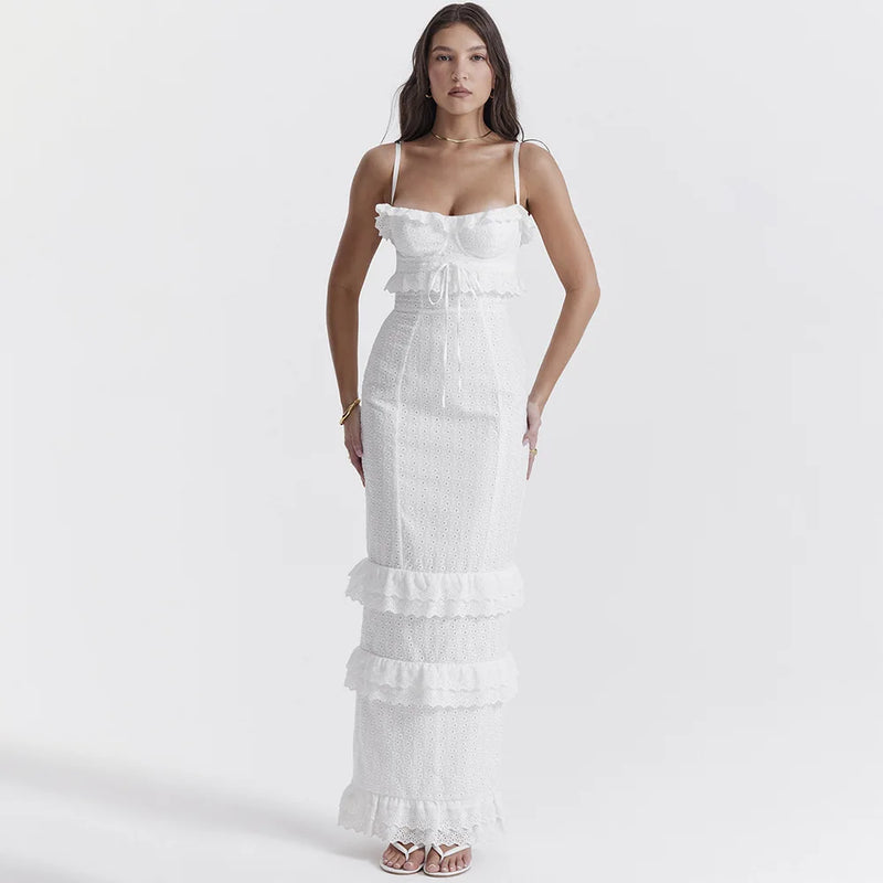 Stijlvolle Witte Geborduurde Maxi Jurk – Alina
