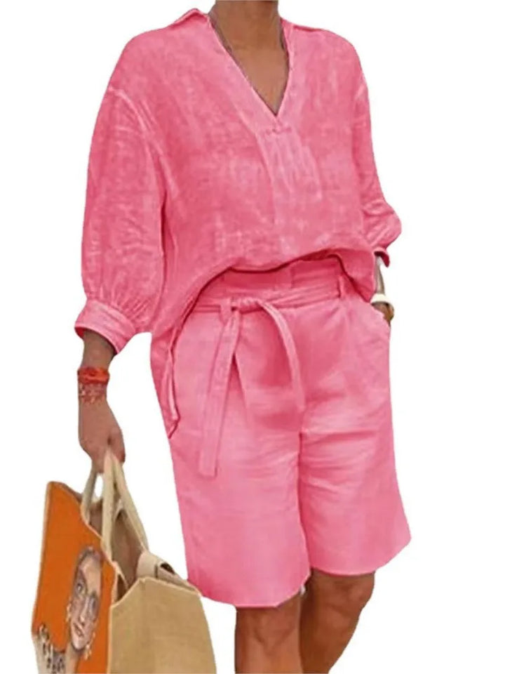 Luftiges & Stilvolles Zweiteiliges Leinen-Damen-Set mit Bluse & Shorts – Malea
