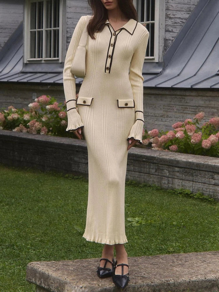 Strick Maxi-Kleid mit hoher Taille & Rüschen – Isolde