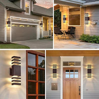 Collage van vier buitenfoto's met de verlichte wandlamp naast een garage, bij een terrastafel, op een gevel en naast een houten voordeur. 3